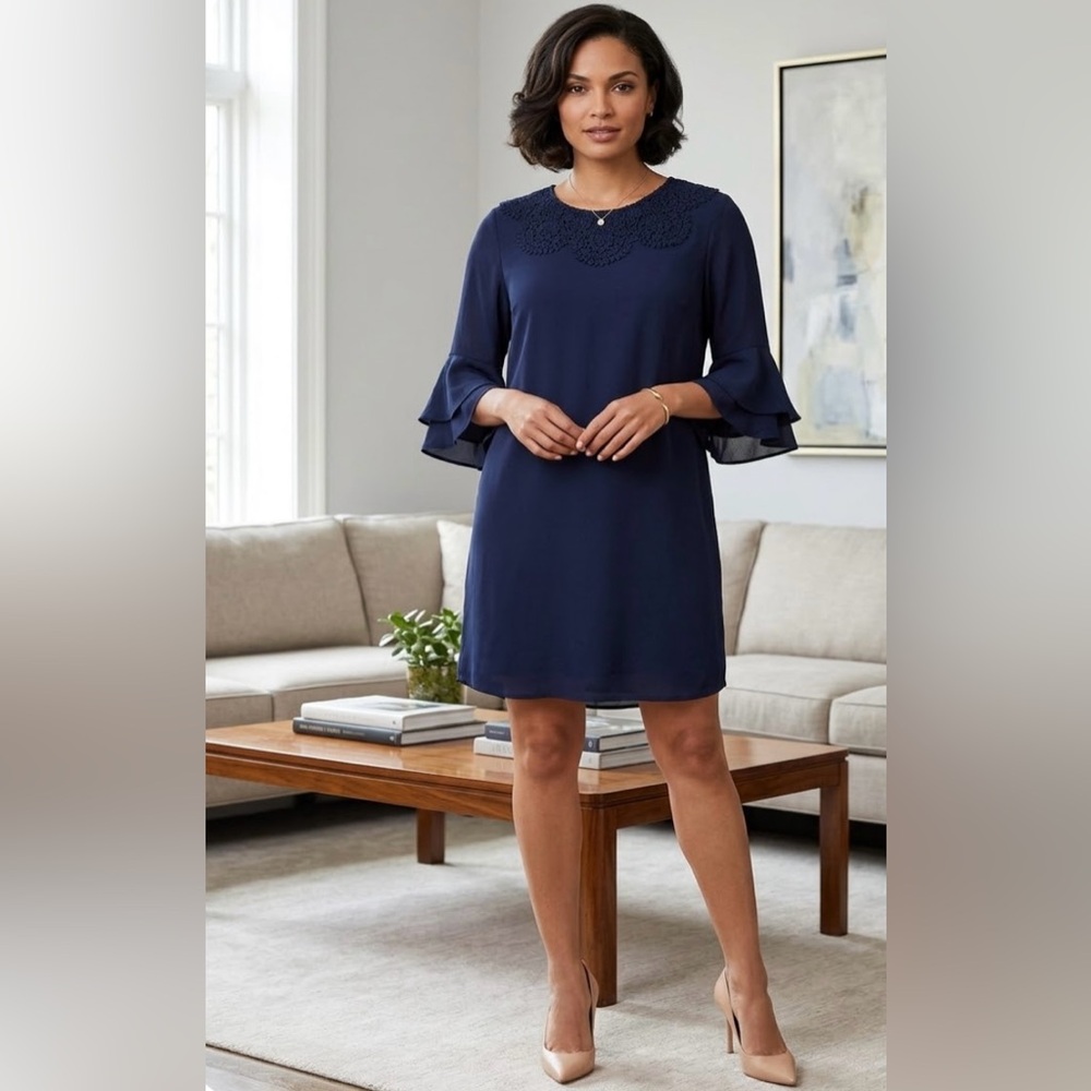 Kobi Halperin Dress  L Navy  Blue 100 %Silk Shift Mini Dress 3/4 Sleeves